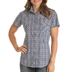 Rough Stock Women's Short Sleeve Plaid Print Snap Shirt