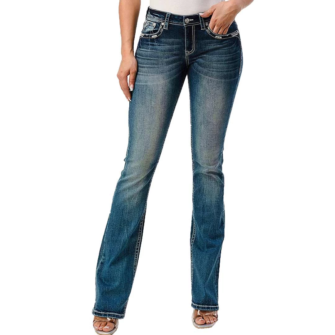 Grace In LA Women's Floral Pocket Bootcut Jeans 2 Grace In LA Women's Floral Pocket Bootcut Jeans - Image 2