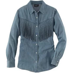 Wrangler Women's Fringe Front Denim Snap Shirt -Western Fashion Ladies img12299 wrangler women s fringe front denim snap shirt