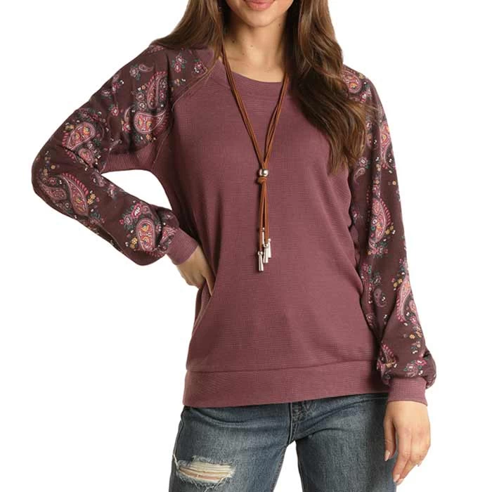 Panhandle Women's Paisley Sleeve Waffle Knit Shirt 1 Panhandle Women's Paisley Sleeve Waffle Knit Shirt