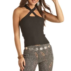 Rock & Roll Cowgirl Women's Ribbed Knit Criss-Cross Tank Top