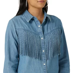 Wrangler Women's Fringe Front Denim Snap Shirt -Western Fashion Ladies img57923 wrangler women s fringe front denim snap shirt