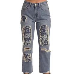 Rock & Roll Denim Women's High Rise Floral Patch Cropped Jeans -Western Fashion Ladies img92582 rock roll denim women s high rise floral patch cropped jeans