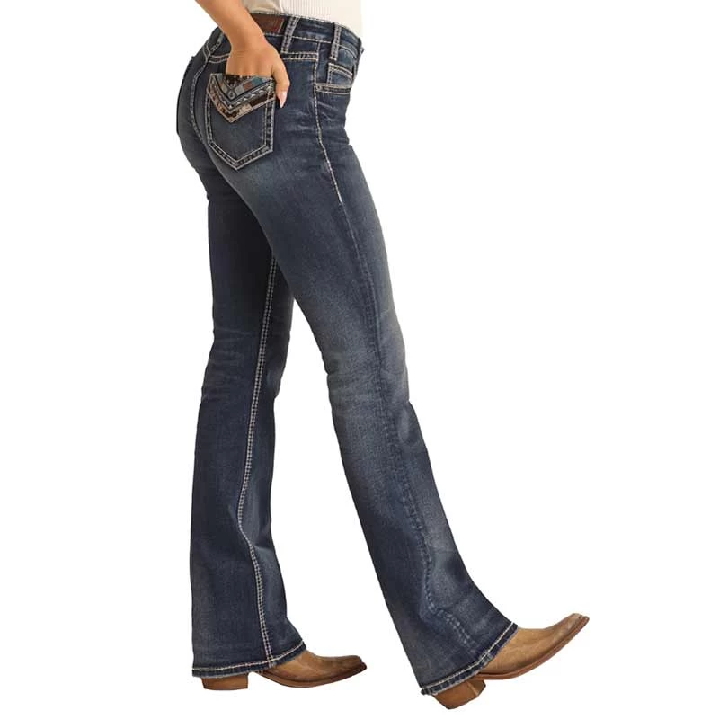 Rock & Roll Cowgirl Women's Cow Print Embroidered Bootcut Jeans 2 Rock & Roll Cowgirl Women's Cow Print Embroidered Bootcut Jeans - Image 2