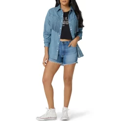 Wrangler Women's Fringe Front Denim Snap Shirt -Western Fashion Ladies wrangler women s fringe front denim snap shirt